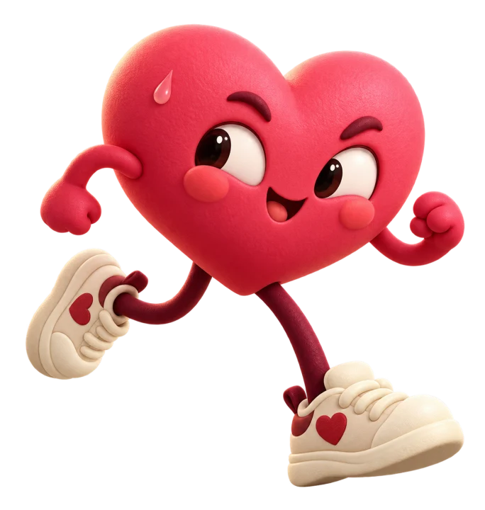 A cheeky heart character wearing sneakers, ready to run